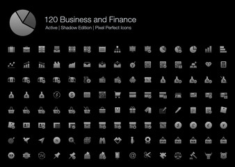 120 Business and Finance Pixel Perfect Icons (Filled Style Shadow Edition). Vector icons set of business, office, financial, commercial, and analytic.