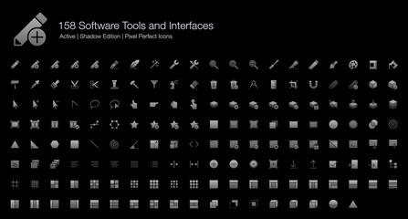 158 Software Tools and Interfaces Pixel Perfect Icons (Filled Style Shadow Edition). Vector icons set for software development and user interfaces designs.