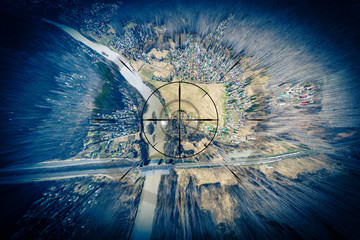 Close-up, a small town, a village with small houses, a river, a bridge, roads and other...