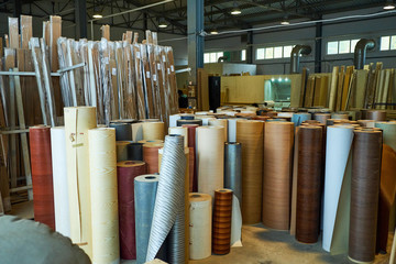 warehouse with veneer rolls, production of interior doors