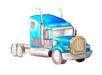 Watercolor blue tractor monster truck without a body with a pattern of fire on the side. Transformer. Isolated on a white background.