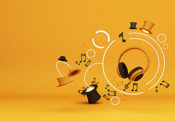 Yellow headphones with note music and colorful hats on yellow background 3d rendering
