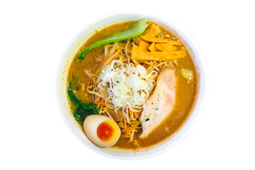 Isolated top view of Ramen Pork Bone Soup (Tonkotsu Ramen) with Chashu Pork, Scallion, Sprout, Carrot, Menma (Seasoned Bamboo Shoots), Dried Seaweed and boiled eggs.