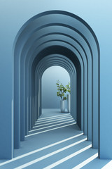 Minimalistic,blue arch hallway architectural corridor with empty wall and vase. 3d render, minimal.
