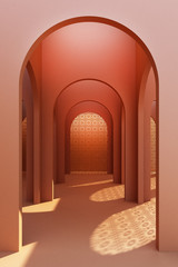 Minimalistic,peach color arch hallway architectural corridor with empty wall and arabic pattern. 3d render, minimal.