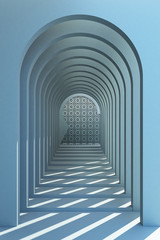 Minimalistic,blue arch hallway architectural corridor with empty wall and arabic pattern. 3d render, minimal.