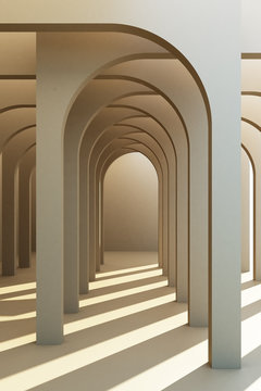 Minimalistic, grey arch hallway architectural corridor with empty wall. 3d render, minimal.