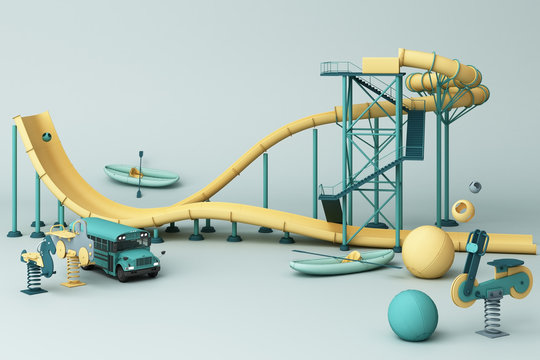 Yellow Roller coaster in Amusement parks surrounding by a lot of colorful toys in green pastel background. 3d rendering