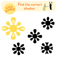 Educational children game, find the correct shadow, preschool activity, isolated vector sun