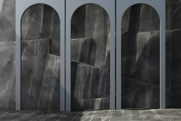 Grey arch with rock background and floor. 3d rendering