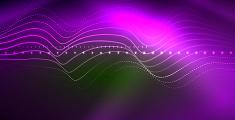 Glowing abstract wave on dark, shiny motion, magic space light. Techno abstract background