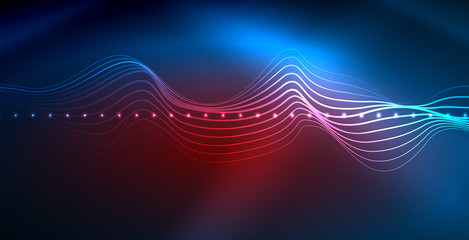 Glowing abstract wave on dark, shiny motion, magic space light. Vector techno abstract background