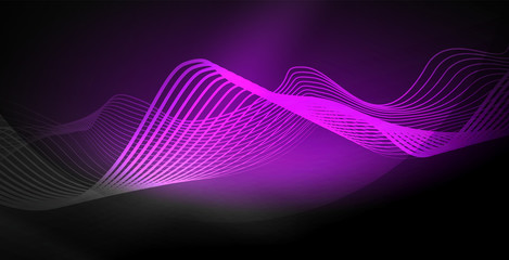 Glowing abstract wave on dark, shiny motion, magic space light. Techno abstract background