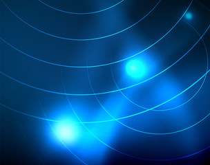 Blue neon circles, abstract circular lines. Glowing circle abstract pattern background