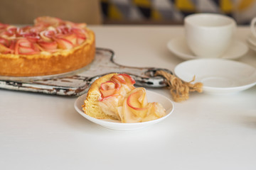 Homemade cheesecake with fresh apples and mint for dessert. Healthy organic summer dessert pie. Fresh fruit cake with homemade granola for healthy vegan diet vegetarian organic food.