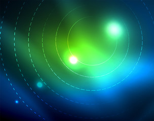 Blue neon circles, abstract circular lines. Glowing circle abstract pattern background