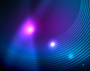 Blue neon circles, abstract circular lines. Glowing circle abstract pattern background
