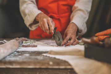 Senior woman cook making tagliatelle pasta with dough in restaurant kitchen. Making pasta. Making pasta in restaurant. Colored raw vegetable pasta with beets, carrots and spinach.