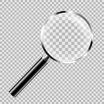 Realistic illustration of magnifying glass with metal trim with glare and black handle, isolated on transparent, vector