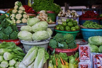 Stall at farmers fresh food market. Fresh farmers market fruit and vegetable.Fruits and vegetable at the asian market Bali, Indonesia.