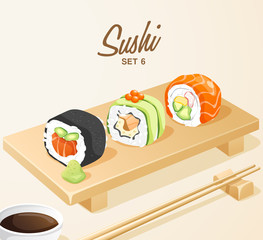 Set of Japanese Food : Sushi Set on Wooden Plate : Vector Illustration