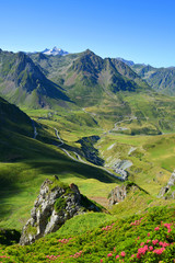View of the mountain road. Col du Tourmalet in Pyrenees mountains. France