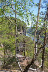 Obraz premium Saxon Switzerland - Germany main attraction. View from Bastei in view of a German town, sandy cliffs and the river Elbe on a sunny spring day