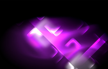 Neon square and line lights on dark background with blurred effects
