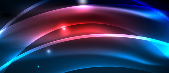Fototapeta premium Glowing abstract wave on dark, shiny motion, magic space light. Techno abstract background