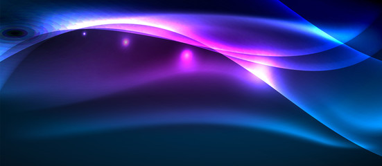 Glowing abstract wave on dark, shiny motion, magic space light. Techno abstract background