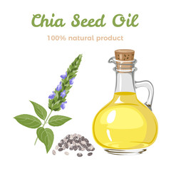 Chia seed oil in a glass bottle, branch of flowering green plant and heap of seeds isolated on white background. Vector illustration of healthy product in cartoon simple flat style.