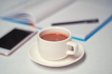 Fototapeta na wymiar cup of coffee and pen on laptop