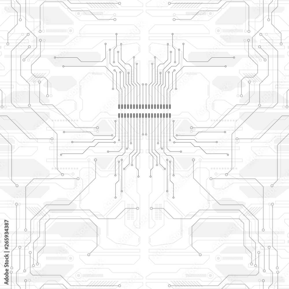 Aufkleber Circuit board grayscale tone futuristic digital technology communication system background template vector design. HUD element technology control panel texture illustration.
