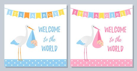 Baby Shower invitation. Vector. Welcome template invite card. Baby boy girl banner. Blue, pink design. Birth party background. Set happy greeting posters with newborn kid, stork. Cartoon illustration.