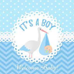 Baby invite card. Vector Baby Shower boy design. Cute blue banner. Birth party background. Happy greeting poster. Welcome template invitation with stork and newborn kid. Cartoon illustration.