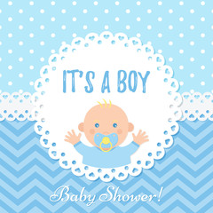 Baby boy card. Baby Shower boy design. Cute blue banner. Vector. Birth party background. Happy greeting poster. Welcome template invite with newborn kid, polka dot, zig zag. Cartoon illustration