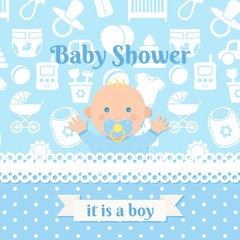 Baby Shower boy invite card. Vector. Baby banner. Blue design invitation. Cute birth party background. Happy greeting poster. Welcome template with newborn kid, polka dot. Cartoon flat illustration.