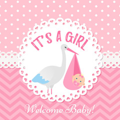 Baby invite card. Vector Baby Shower girl design. Cute pink banner. Birth party background. Happy greeting poster. Welcome template invitation with stork and newborn kid. Cartoon illustration.