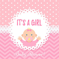 Baby girl card. Baby Shower girl design. Cute pink banner. Vector. Birth party background. Happy greeting poster. Welcome template invite with newborn kid, polka dot, zig zag. Cartoon illustration