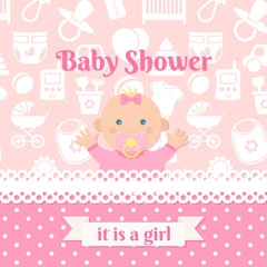 Baby Shower girl invite card. Vector. Baby banner. Pink design invitation. Cute birth party background. Happy greeting poster. Welcome template with newborn kid, polka dot. Cartoon flat illustration.