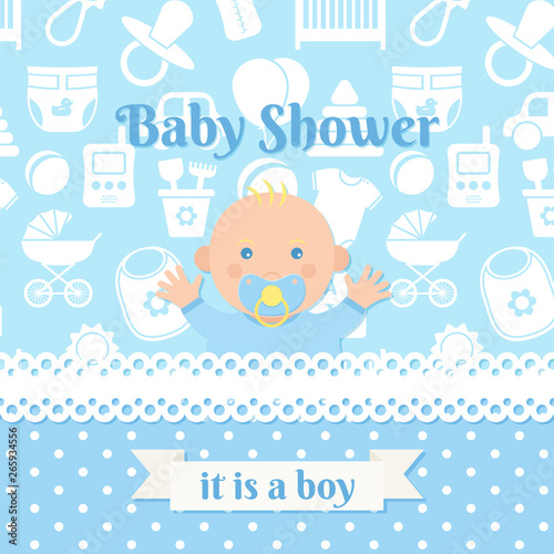 Baby Shower Boy Invite Card Vector Baby Banner Blue Design Baby Shower Boy Invite Card Vector Baby Banner Blue Design