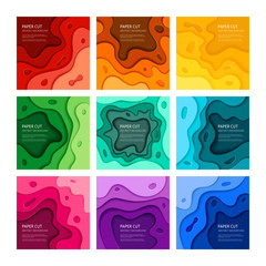 3d effect abstract background. Colorful cut out paper, set of 9 vector design templates.