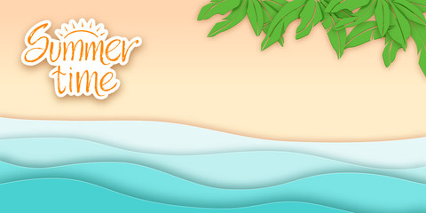 Fototapeta na wymiar Top view background with sea, beach and palm in a paper cut style with lettering Summer time. Vector illustration EPS10