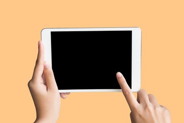 Mock up Copyspace Hands Digital Tablet Concept. Isolate on Yellow Background.Clipping Path