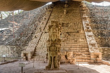 View at the Hieroglyphic Stairway and Stela M in Archaeological Site of Copan in Honduras