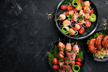 Shish kebab, kebab, barbecue. Meat dishes. Top view. Free copy space.