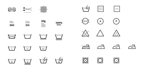 Yarn label laundering information. Vector icons fabric feature, garments property symbols. Wind proof, wool, waterproof, uv protection. Wear labels, textile industry pictogram for clothes