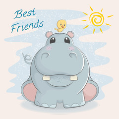 Cute hippo with little bird