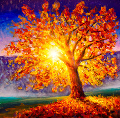 Ölgemälde Impressionismus Herbstbaum in Sonnenlandschaft - Spachtel Moderne Kunst © weris7554