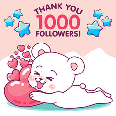 Happy cute cartoon bear with heart cushion, thank you 1000 followers